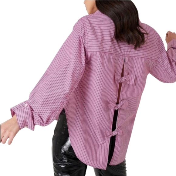 Free People Tie It In A Bow Oversized Button Down Shirt Size Medium Pink. - Picture 5 of 10